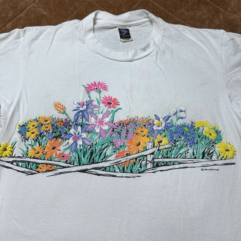 Vintage 90s FLOWER GARDEN 2 SIDED T-Shirt Size XL Nature floral